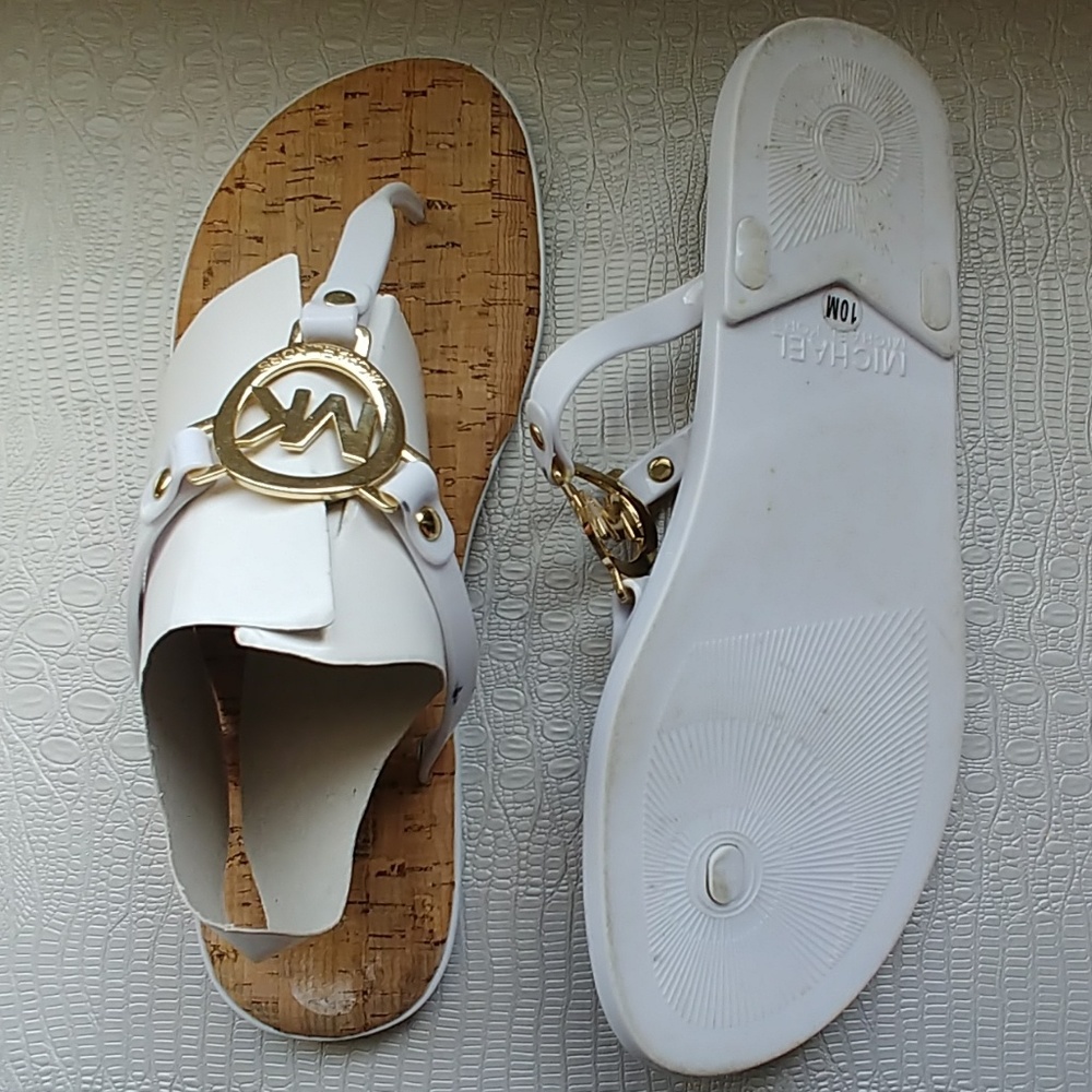 Michael Kors white jelly cork flip flops